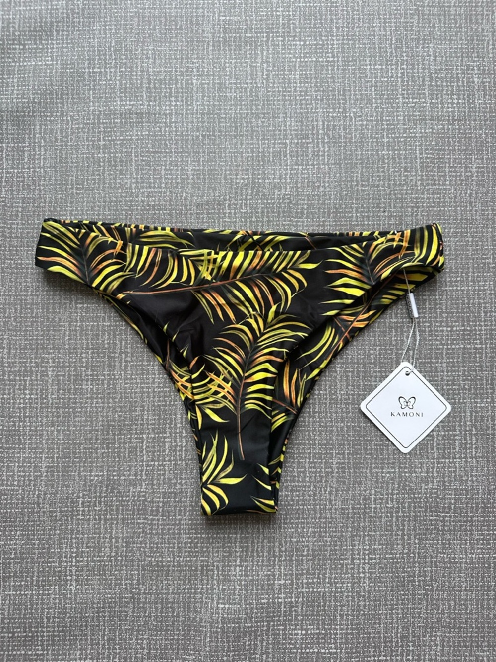 Kamoni Tropical Leaf Bikini Bottoms - Black with Yellow & Olive Leaf Print Sz M